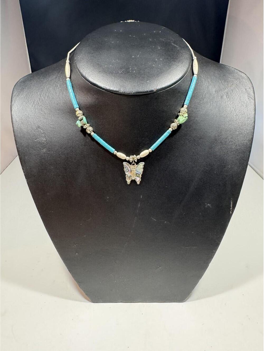 Native American Style Turquoise Abalone Butterfly Silver Beaded